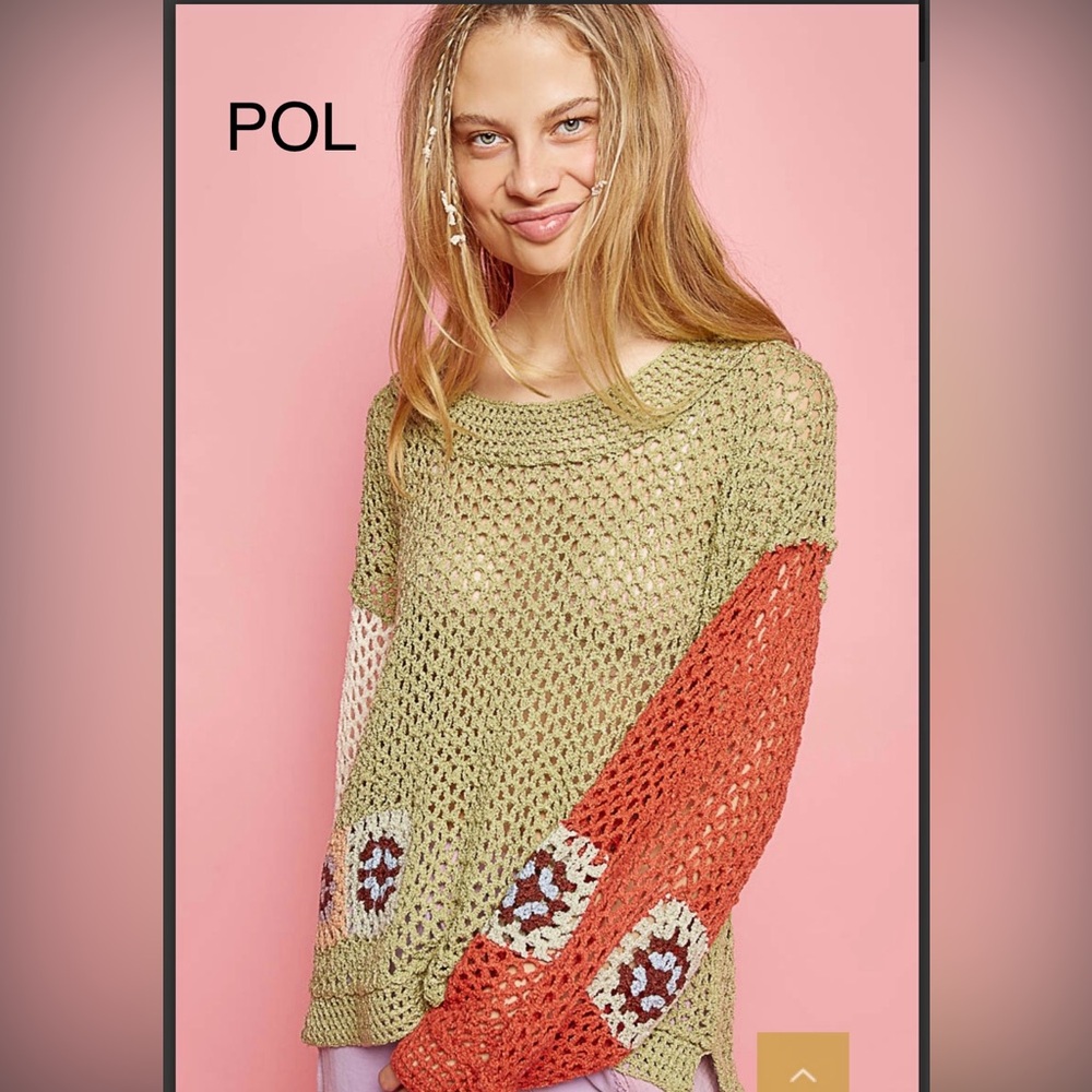 BP211-2💚POL pretty colorful crochet  summer weight thin sweater+granny squares!